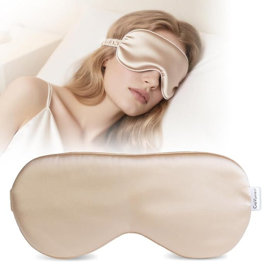 100% Pure Mulberry Silk Eye Mask - 22 Momme Adjustable Strap, Light Blocking, Silk Storage Bag & Gift Box - for Sleep/Travel/Gift, Sensitive Skin Friendly (Champagne)