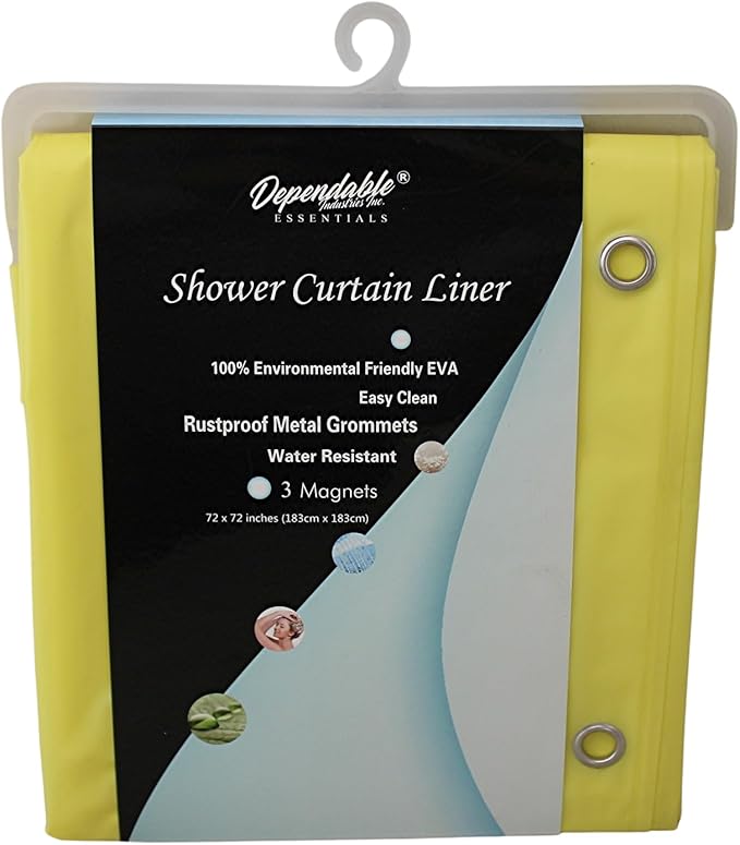 Dependable Industries inc. Essentials EVA Shower Curtain Liner - Water-Resistant, Rustproof Metal Grommets, 3 Magnets Bottom, Easy Clean, 72" x 72" Size (Yellow)