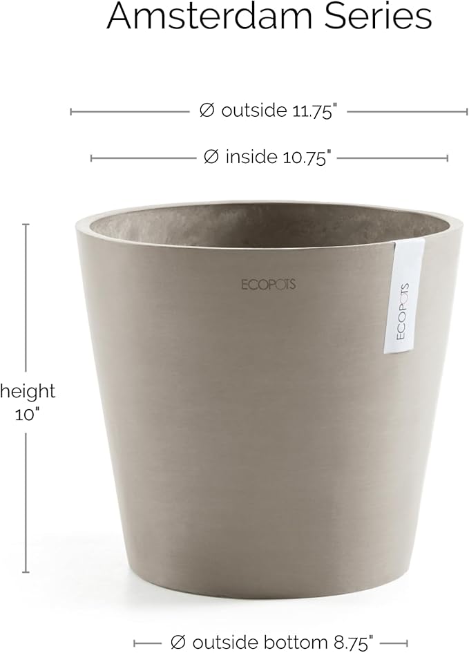 Ecopots Amsterdam Durable Modern Round Indoor/Outdoor Recycled-Based Composite Flower Pot Planter, Taupe, 12"