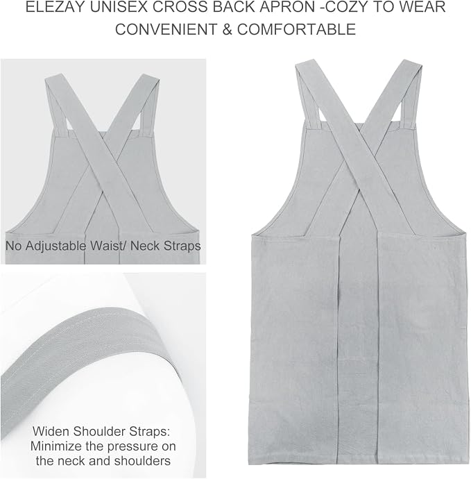 ELEZAY Aprons for Women with Pockets Plus Size Comfort Cross Back No Tie Cotton Linen Apron Pinafore