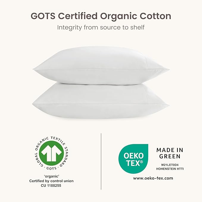Bioweaves 100% Organic Cotton Envelope Pillow Cases 300 Thread Count Soft Sateen Weave GOTS Certified – 20 X 27, Set of 2, White
