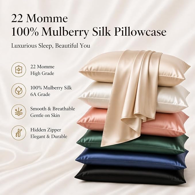 Beige Silk Pillow Cases with Zipper Made in USA, Real Silk Pillowcase for Acne Prone Skin Standard Size, 6A Grade Pure 22 Momme, 1 Pc 20"x26" (Standard, Beige)