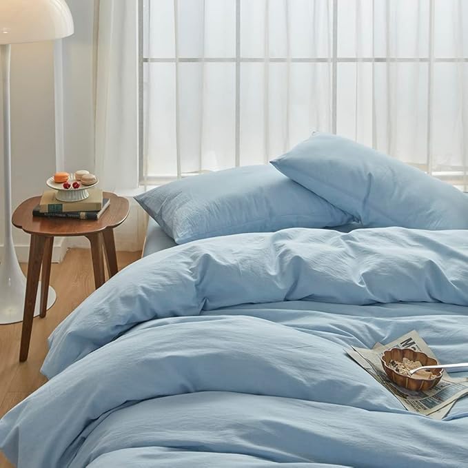 FACE TWO FACE Bedding Duvet Cover Set100% Washed Cotton Duvet Cover Linen Like Textured Breathable Durable Soft Comfy (California King,Light Cyan)