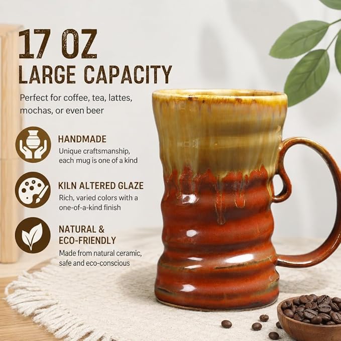 17oz Large Unique Cool Tall Handmade Ceramic Coffee Mug with Comfortable Big handle, Big Pottery Tea Mug, Artisanal Stoneware Coffee cup, Rustic Lead-free Tea Cups, Microwave safe,Brown and Red