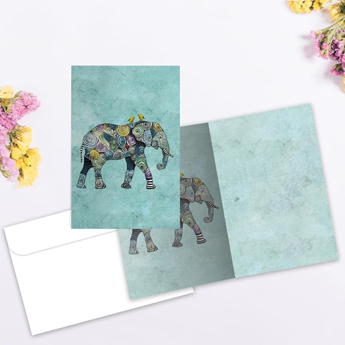 Tree-Free Greetings - All Occasion Cards - Artful Designs - 12 Greeting Cards + White Envelopes - Made in USA - 100% Recycled Paper - 4 x 6 - Elephant and Yellow Birds (AFS1037)