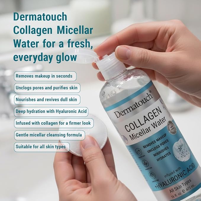 Dermatouch Collagen and Hyaluronic Acid Micellar Water, Daily Toner and Makeup Remover With Vitamin C and Aha/Bha, Nourishing Formula, Gentle for All Skin Types, Clean Skin Care, Made in USA, 16 Fl Oz