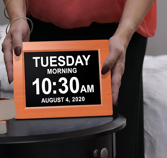 Digital Calendar Date Multi Alarm Clock 8 inch Large Display Auto-Dimming Electic Desk Table Wall Mount Office, Home, Kitchen, Room, School, Bedroom, Living Room (Brown)