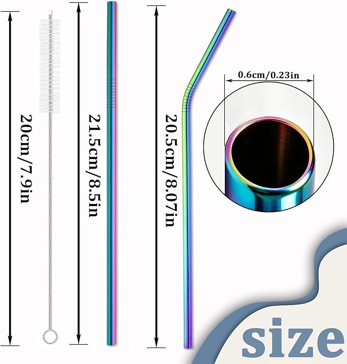 16 Pack Rainbow Stainless Steel Straws for 20 oz Tumblers, 8 Straight and 8 Bent Reusable Metal Straws with 4 Cleaning Brushes, Rainbow Colored, Fits Insulated Cups