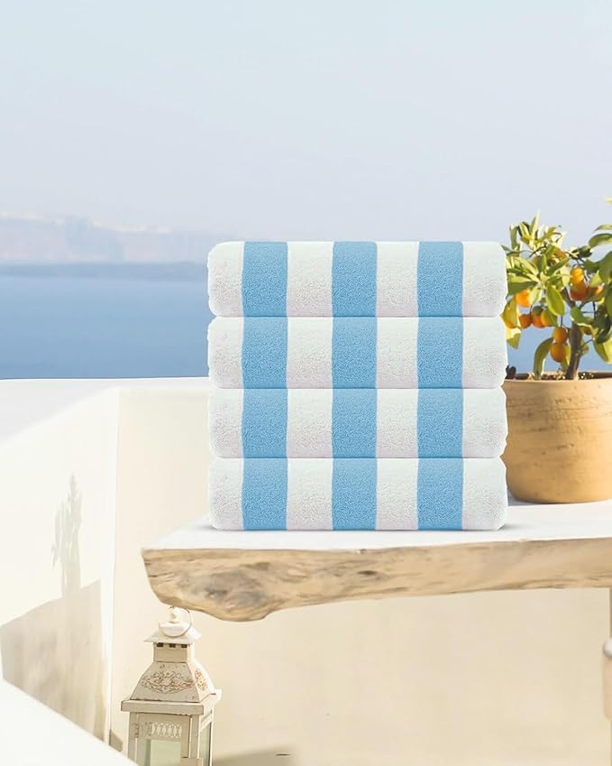 CASA COPENHAGEN Cabana Beach Towel Designed in Denmark Rough and Tough, Quick Dry, Beach, Pool, Bath & Shower 30x60 inches 4 Pieces Cotton Beach Bath Towels Set - Sky Blue