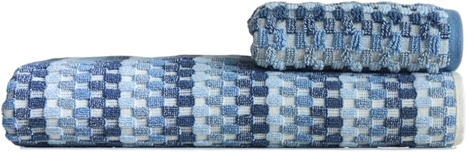 Premium Luxury Waffle Weave Cotton Towel Set - 160g Hand Towel & 650g Oversized Bath Towel (30"x60") - Ultra Absorbent, Quick-Dry, Soft Textured Jacquard (Sea Salt Blue)