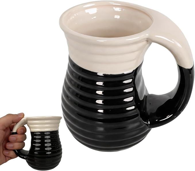 18oz Hand Warmer Ceramic Mug, Handmade Coffee Mug with Contoured Comfort Handle, Microwave Dishwasher Safe for Office Home Daily Use (Black/White)