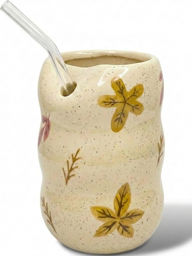 Ceramic Coffee Mug with Sip Hole, 13.5 oz Handmade Pottery Mug, No-Handle Modern Ceramic Cup for Daily Coffee & Tea, Office Use, Maple Leaf Design (1 Pack)