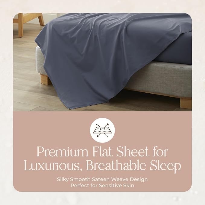 Certified Organic Queen Flat Sheet Only - 100% Organic Cotton Top Sheet with Luxurious Soft and Breathable 300 Thread Count Sateen Weave Finish - GOTS & Fairtrade Certified (Mineral, Queen)