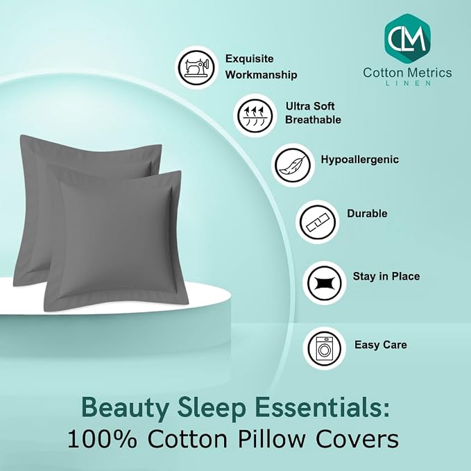 Cotton Metrics 100% Organic Cotton European Pillow Shams Set of 2, Grey, 24x24