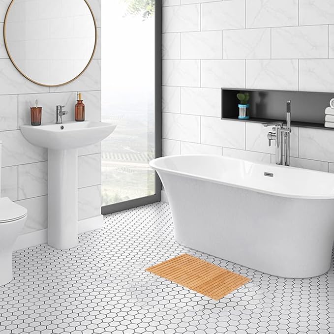 Bath Mat Bathroom Rugs Floor Wood Shower Bathtub Waterproof Non Slip Natural Accessories 16x24 Inch Easy to Clean, 2 pcs