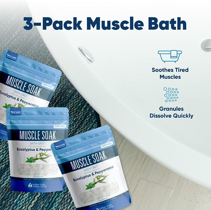 Muscle Bath Salt (3-Pack with Scoop) Muscle Bath Soaks with Pure Essential Oils in BPA Free Pouch with Press-Lock Seal Made in USA, Three 2-lbs Pouches 6-Lbs Total