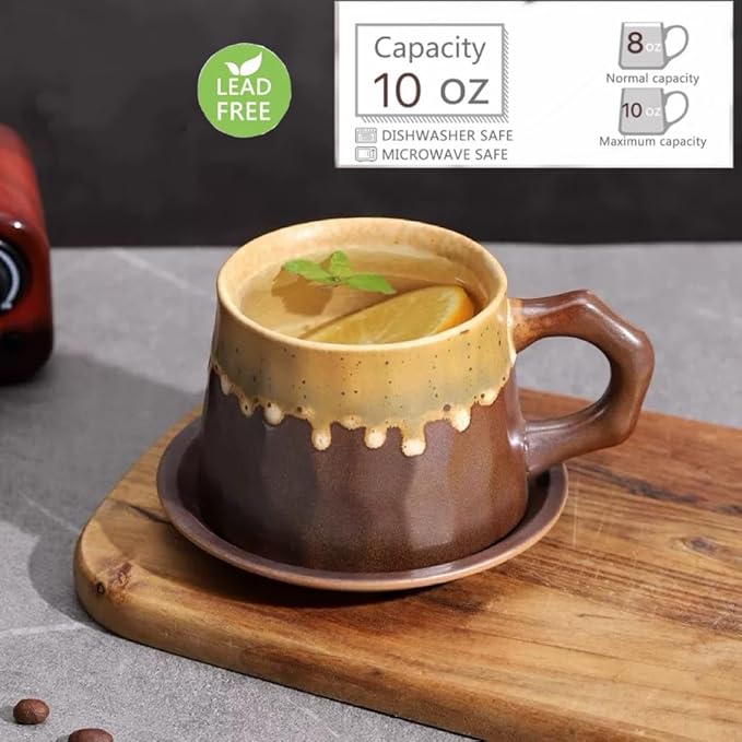 10oz Vintage Retro Handmade Ceramic Cappuccino Cup with Saucer –Small Rustic Stoneware tea cup and saucer, Lead-Free Latte Art Mug,Handmade mug with saucer set, Microwave safe, Brown