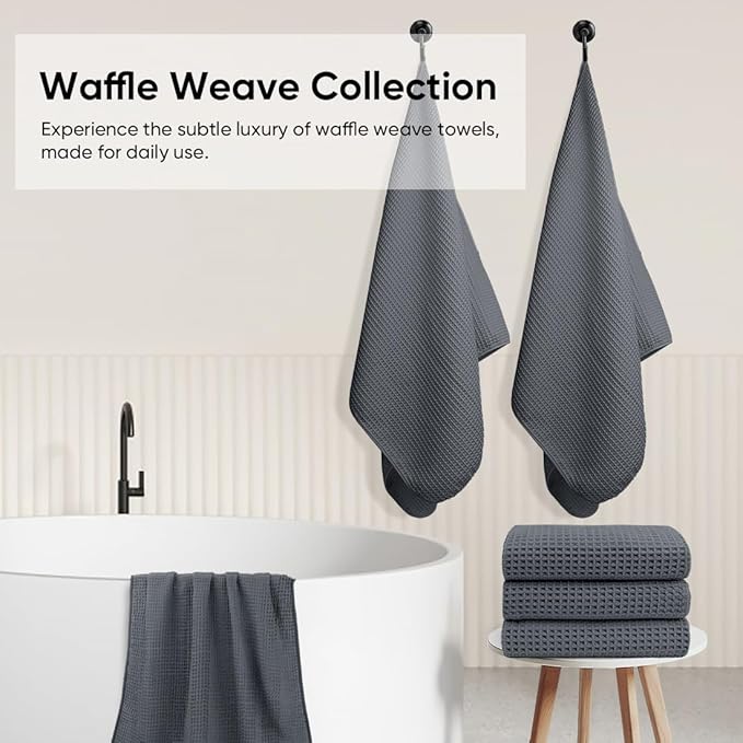 HOMEXCEL Waffle Bath Towels Set 4 Pack, Premium Microfiber Bathroom Towels, Ultra Soft, Lightweight, Highly Absorbent and Quick Dry Towel for Bathroom, Gym, Shower, Hotel, and Spa, 30 x 60 Inch, Grey