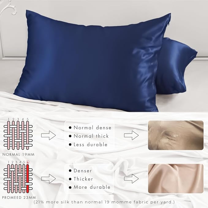 PROMEED 23 Momme Silk Pillowcase 2 Pack with Zipper, 3rd Gen Grade 6A+ 100% Mulberry Silk Pillow Case Set of 2, Cooling Pillow Cases for Hot Sleepers (Standard 20"x26", Navy)