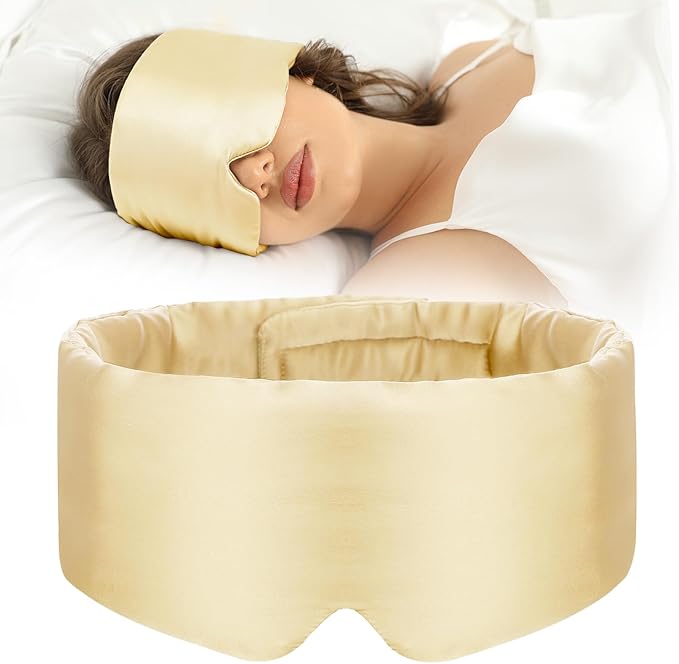 SECZIPE 100% Mulberry Silk Sleep Mask Eye Mask for Women Man with Adjustable Band, for Side Sleeper Blackout Sleep Mask for Travel Rest and Office (Gold)