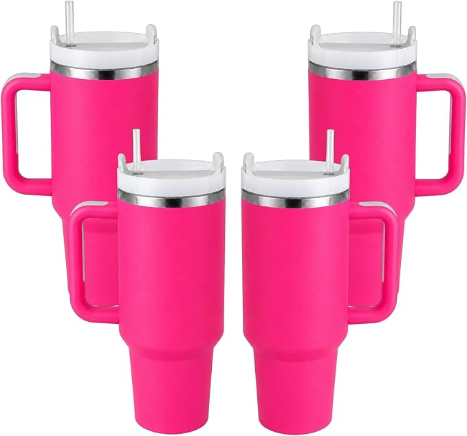 Pandance 4 Pack 40 oz Tumbler with Handle and Straw Bulk, Rose | Stainless Steel Vacuum Insulated Travel Mug, Sturdy Screw-on lid, Cup Holder Friendly, Large Capacity Cup For Iced Coffee