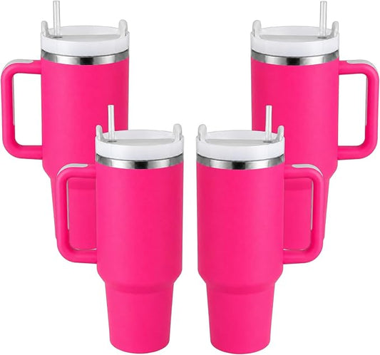 Pandance 4 Pack 40 oz Tumbler with Handle and Straw Bulk, Rose | Stainless Steel Vacuum Insulated Travel Mug, Sturdy Screw-on lid, Cup Holder Friendly, Large Capacity Cup For Iced Coffee