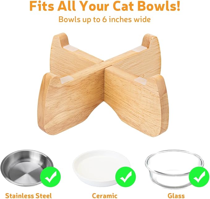 Elevated Cat Bowl Stand 6.1" Diameter 3.5" High with Non-Slip Pads | Natural Rubberwood, Universal Fit, Detachable, Raised, Anti Vomiting, Ergonomic, Wooden Pet Feeder Holder, Home Decor