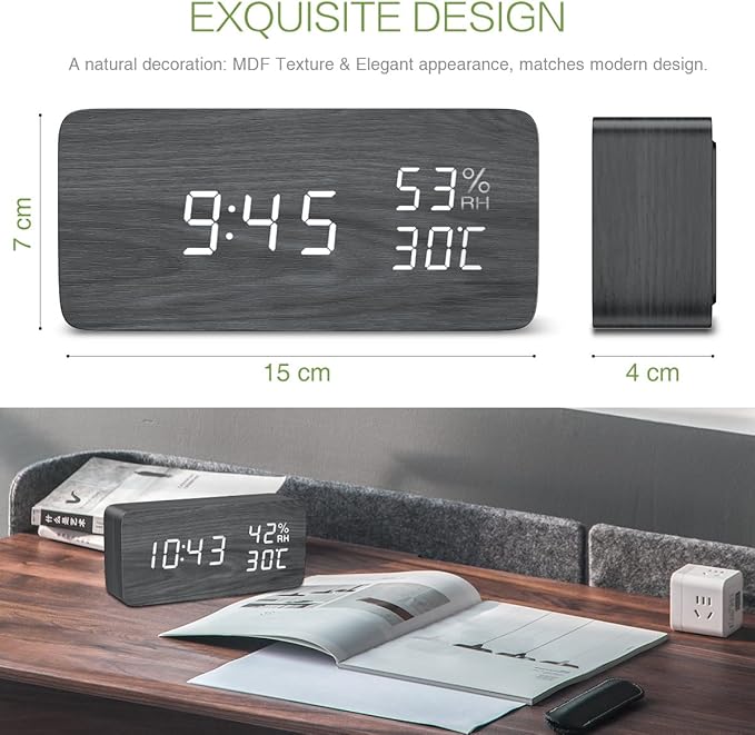 KeeKit Digital Wooden Alarm Clock, Electronic LED Desktop Clock with Temperature Humidity Time Display, 3 Alarm Settings, Voice Control, 3 Levels Adjustable Brightness for Home, Bedroom, Office