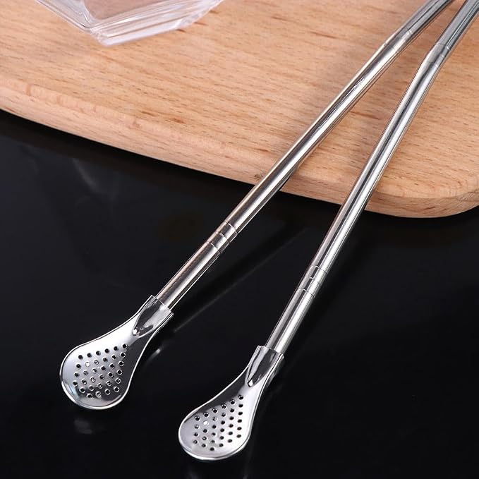 4PCS Reusable Stainless Steel Drinking Straws with Filter Spoon, Tea Drinking Straws Spoon Detachable Coffee Stirring Spoon, 7inch Long