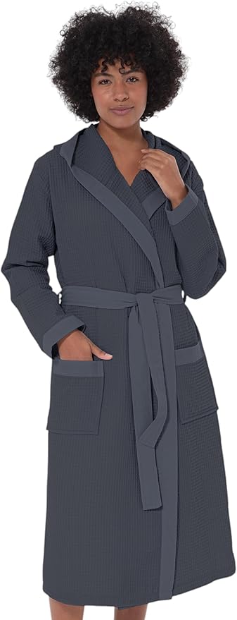 SEYANTE Women's Organic Cotton Waffle Kimono, Hooded Robe – GOTS Certified Lightweight Full-Length Spa Bathrobe with Piping