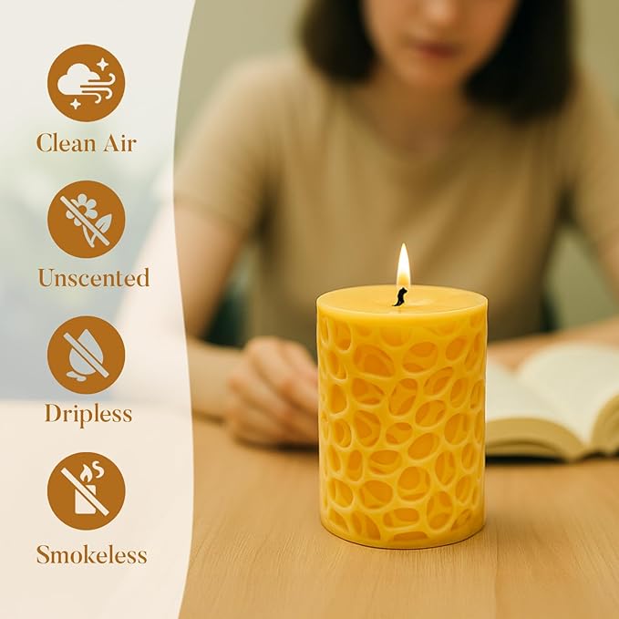 Ashlux Beeswax Pillar Candles 3x4 inch, 100% Pure Beeswax Candles-174 Hours Long Burning, Unscented and Dripless Pillar Candles Bulk for Christmas Lights,Wedding,Parties,Spas,Home Decorative