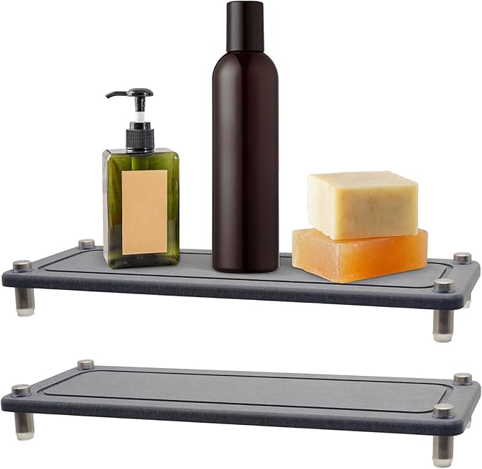 2PCS Water Absorbing Stone Trays, Diatomite Bathroom Counter Tray, Caddy Kitchen Sink Organizer Tray, Faucet Drying Mat Coaster Soap Dish Riser Dispenser Sponge Holder (Grey, 12'' x 4'')