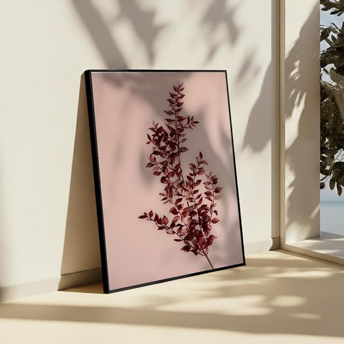 Monem Art Dried Red Botanical Branch Print - Minimalist Boho Nature Poster - Wall Decor for Living Room, Bedroom or Office - 12x16 Black Framed CANVAS Wall Art by Mareike Bohmer