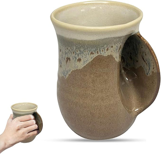 Clay in Motion Hand Warmer Coffee Mug – Handmade Coffee Mug With Comfortable Handle Contoured Pocket Hand Warming Ceramic Coffee Mug – Proudly Made in USA – Right Handed – 14 Oz - Desert Sand