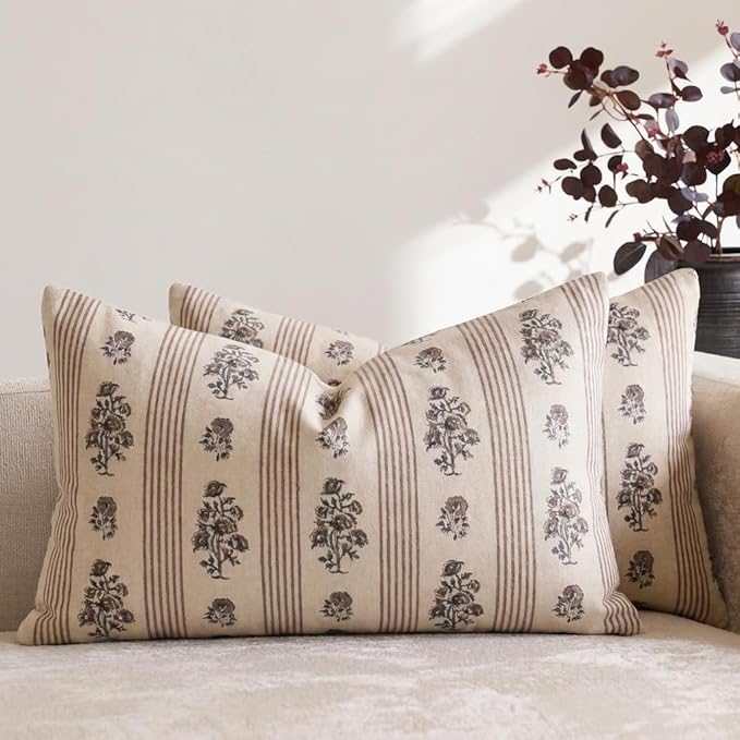 Amor Virisso Floral Throw Pillow Covers 12 x 20 Set of 2 Block Print Pillow Covers Neutral Floral Striped Farmhouse Decorative Pillow Covers for Sofa Couch Bed, Brown