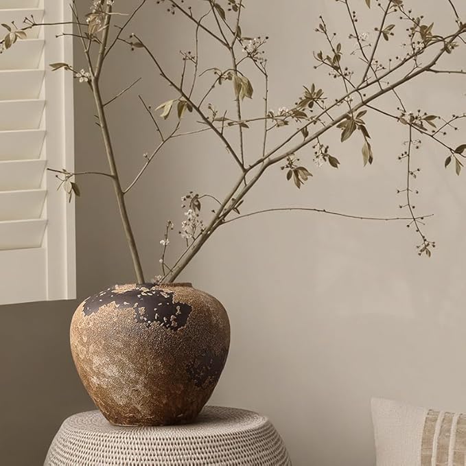 Wabi Sabi Pottery Vase, Brown Ceramic Vase for Home Decor - Handmade Rustic Farmhouse Centerpiece with Organic Texture, Neutral Table & Shelf Decor Vase (Small)
