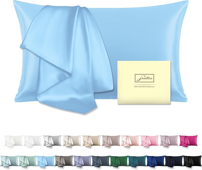 Mulberry Silk Pillowcase for Hair and Skin Pillow Case with Hidden Zipper Soft Breathable Smooth Cooling Silk Pillow Covers for Sleeping (Sky Blue, King,1Pcs)
