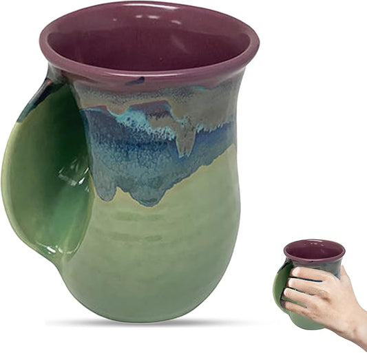 Clay in Motion Hand Warmer Coffee Mug – Handmade Coffee Mug With Comfortable Handle Contoured Pocket Hand Warming Ceramic Coffee Mug – Proudly Made in USA – Left Handed – 14 Oz - Mossy Creek