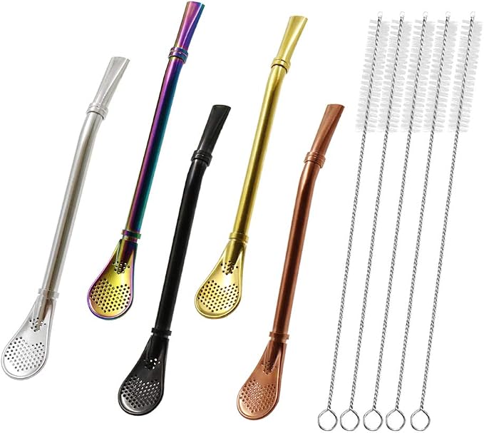 Stainless Steel Straw Filter Spoon, Yerba Mate Bombilla, Loose Leaf Tea Strainer, Tea Straw for Drinking Coffee, Cocktail, Pack of 5 with Cleaning Brush (5 colors)