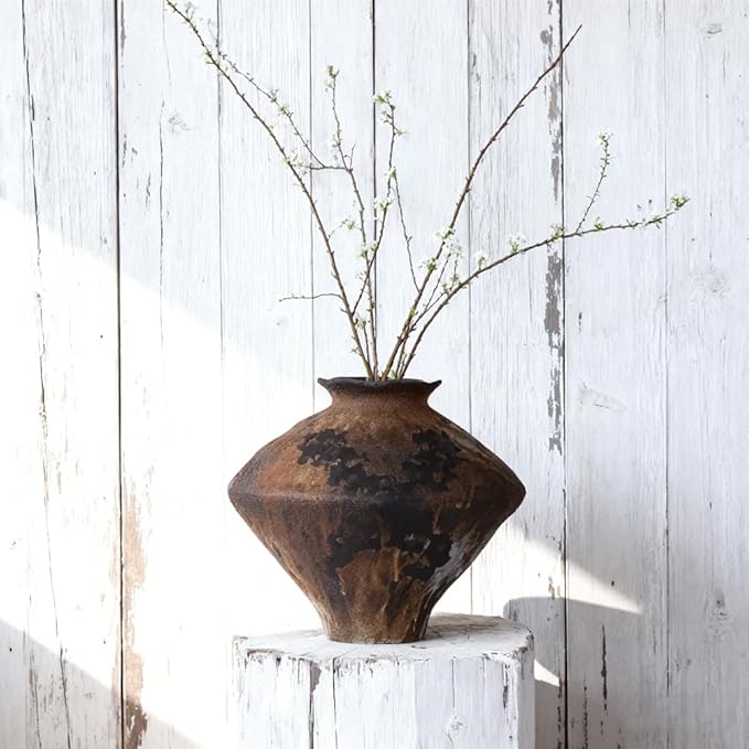 Large Wabi Sabi Vase, 11.5" Wabi Sabi Decor Rustic Vase, Brown Ceramic Vase for Centerpiece, Vintage Farmhouse Decor for Home Decorative, Table, Living Room, Bedroom, Bathroom, Kitchen