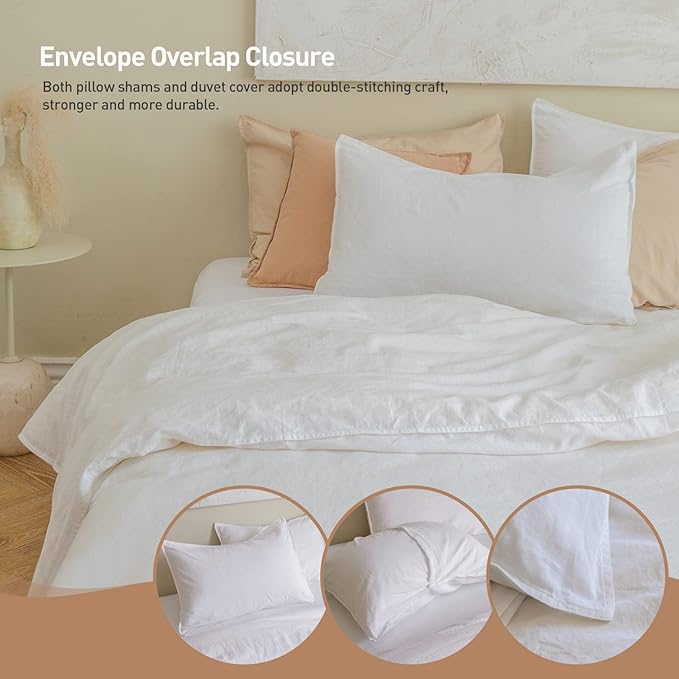 BISELINA French Linen Duvet Cover Set 3pcs with Hidden Zipper Closure Natural Flax Cotton Blend Solid Color Soft Breathable Luxury Farmhouse Bedding -King Size, White