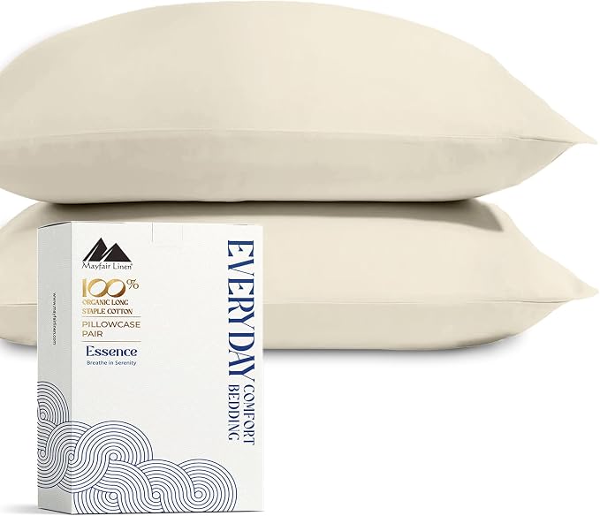 Mayfair Linen 100% Organic Cotton Percale Pillow Cases Queen/Standard Size Set of 2 - Percale Pillowcovers Standard/Queen (Ivory), Soft Cooling Pillow Case for Sleeping, Cotton Pillowcases