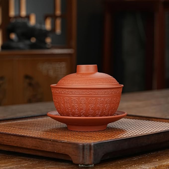Yixing Zisha Purple Clay Gaiwan 5 Oz/ 150ml,Chinese Kungfu Tea Bowl Cup,Blooming and Loose Leaf Tea Maker Set -Baifu,Red Clay
