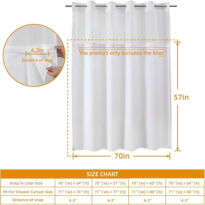 eachope 2 Pack Fabric Snap-in Shower Curtain Liner Replacement,Compatible with No Hook Shower Curtain with Snap in Liner, Removable & Water-Repellent,Machine Washable,70x57,White