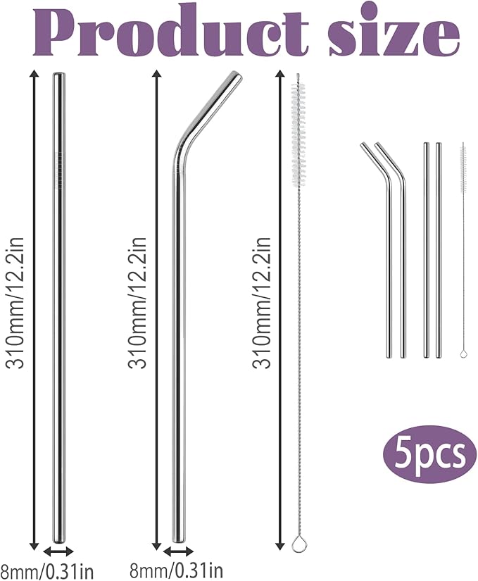 Premium Stainless Steel Straws for Stanley Cup, 12.2 Inch Long, 8mm Wide, 5 Pack Metal Replacement Straws with Cleaning Brush, Smooth Finish for Cold Drinks