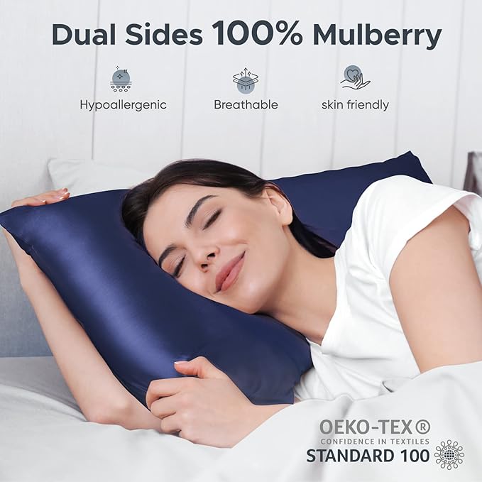 100% Pure Mulberry Silk Pillowcase for Hair and Skin - Allergen Resistant Dual Sides,600 Thread Count Silk Bed Pillow Cases with Hidden Zipper,1pc,Standard Size,Blue
