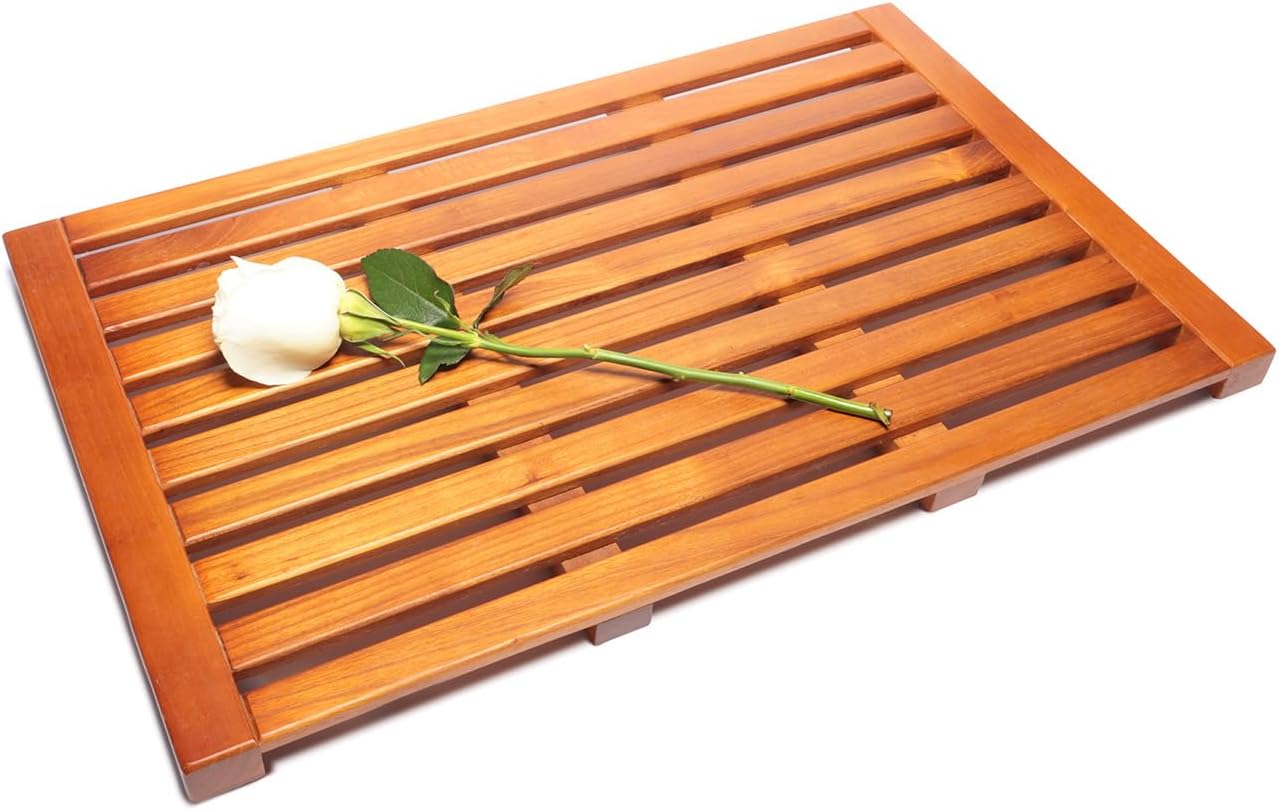 Teak Shower Mat – ChikiTeak Solid Wood Bath Mat for Outdoor Shower & Bathroom, Fast Draining, Non Slip, Premium Spa Mat, Durable Teak Bath Mat 25" x 16"