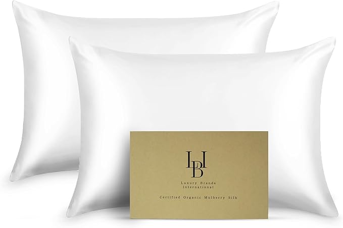 Pure Organic Silk Pillowcase Certified Organic 100% Pure Mulberry Silk Pillowcase 25 Momme Pillowcase (Ivory, King, Pack of 2)