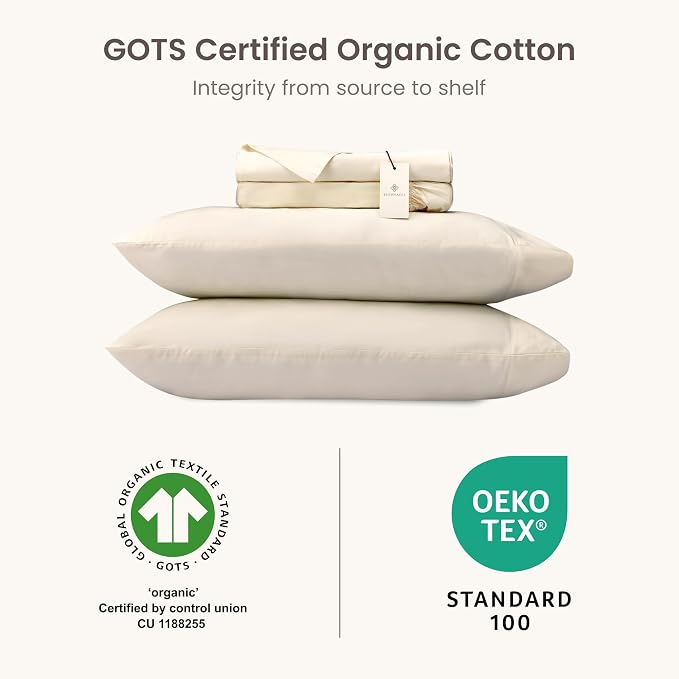 BIOWEAVES 100% Organic Cotton Sheets, 300 Thread Count 3-Piece GOTS Certified Bed Sheet Set Fits Mattress Upto 17" Deep Pocket, Soft & Silky Sateen Weave (Twin, Undyed Natural)