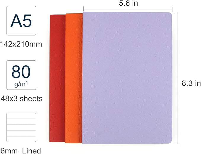 Notebook 3 Pack - 5 “x8”- Made of sustainable and excellent quality paper, simple, natural, portable and flexible design, suitable for office, school （light purple&orange&red）